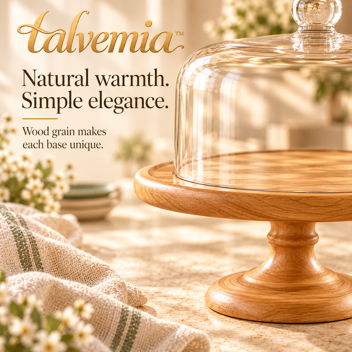 talvemia™ SweetHalo 10-Inch Cake Stand with Glass Dome — Wooden Dessert Display Pedestal for Cakes, Cupcakes & Pastries