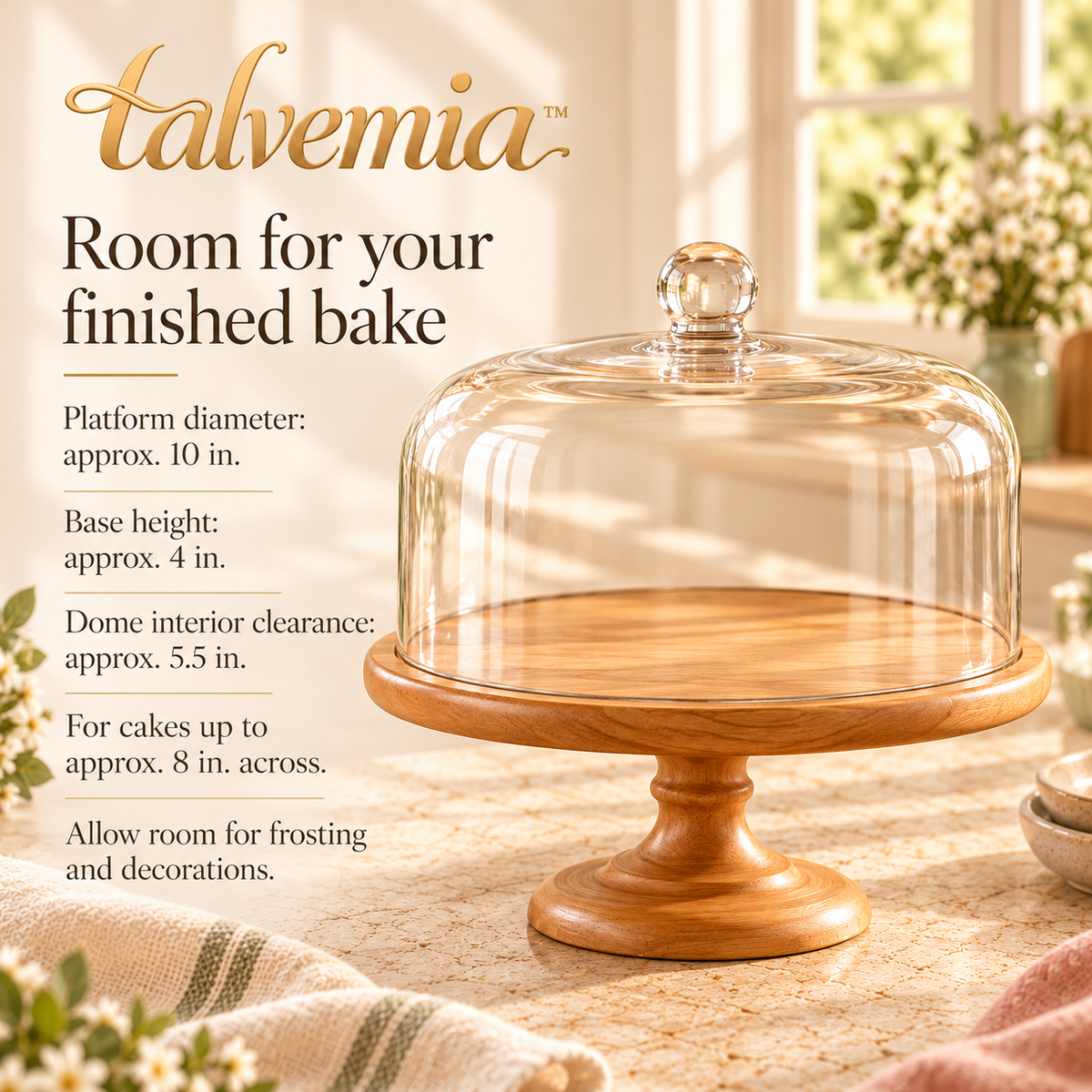 talvemia™ SweetHalo 10-Inch Cake Stand with Glass Dome — Wooden Dessert Display Pedestal for Cakes, Cupcakes & Pastries