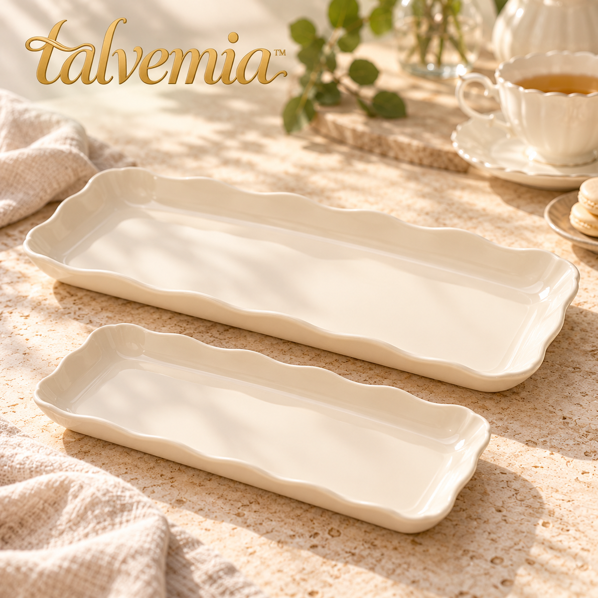 talvemia™ PetalServe Dessert Tray Set — 2 Scalloped Porcelain Serving Platters for Cookies, Brownies, Pastries & Afternoon Tea