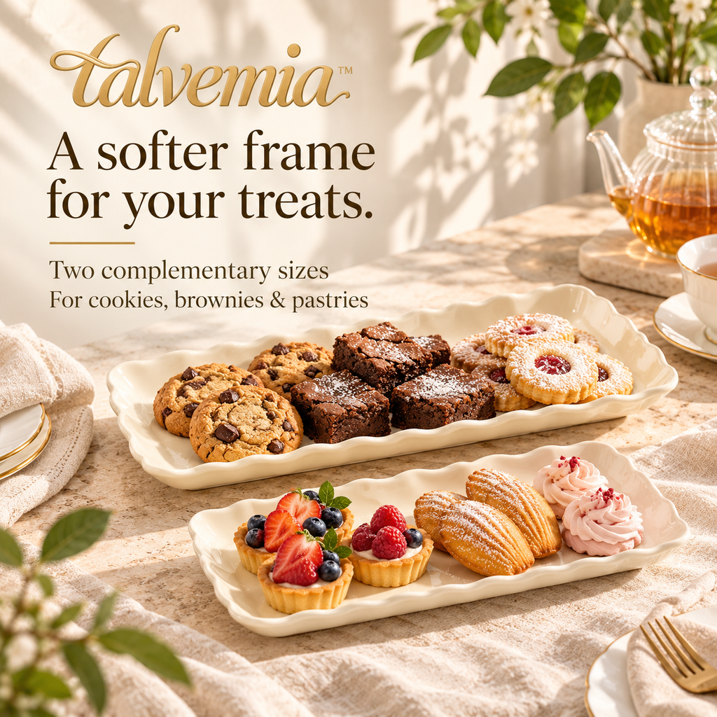 talvemia™ PetalServe Dessert Tray Set — 2 Scalloped Porcelain Serving Platters for Cookies, Brownies, Pastries & Afternoon Tea