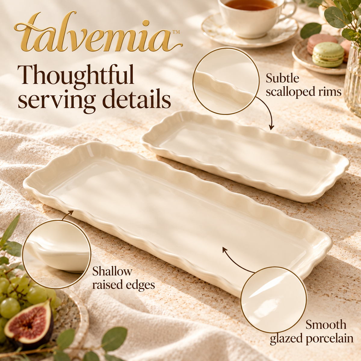 talvemia™ PetalServe Dessert Tray Set — 2 Scalloped Porcelain Serving Platters for Cookies, Brownies, Pastries & Afternoon Tea