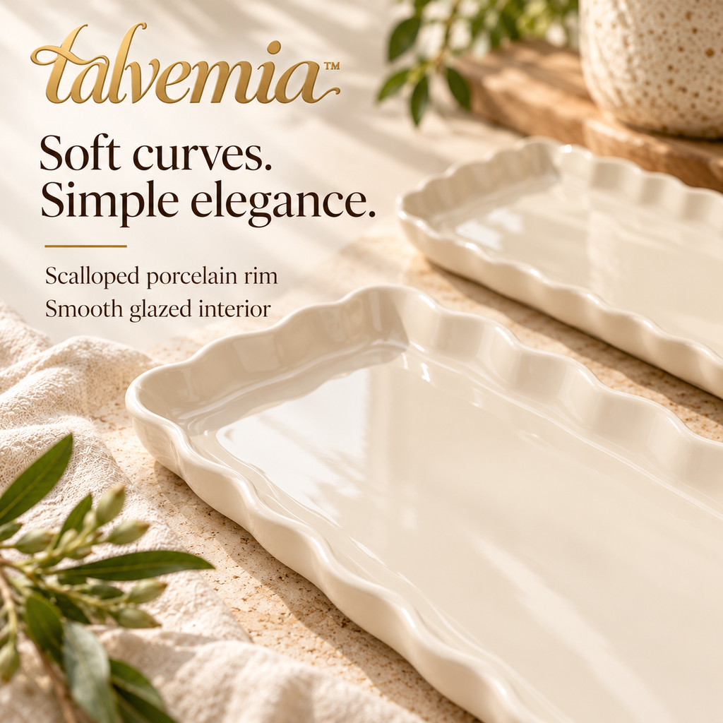 talvemia™ PetalServe Dessert Tray Set — 2 Scalloped Porcelain Serving Platters for Cookies, Brownies, Pastries & Afternoon Tea