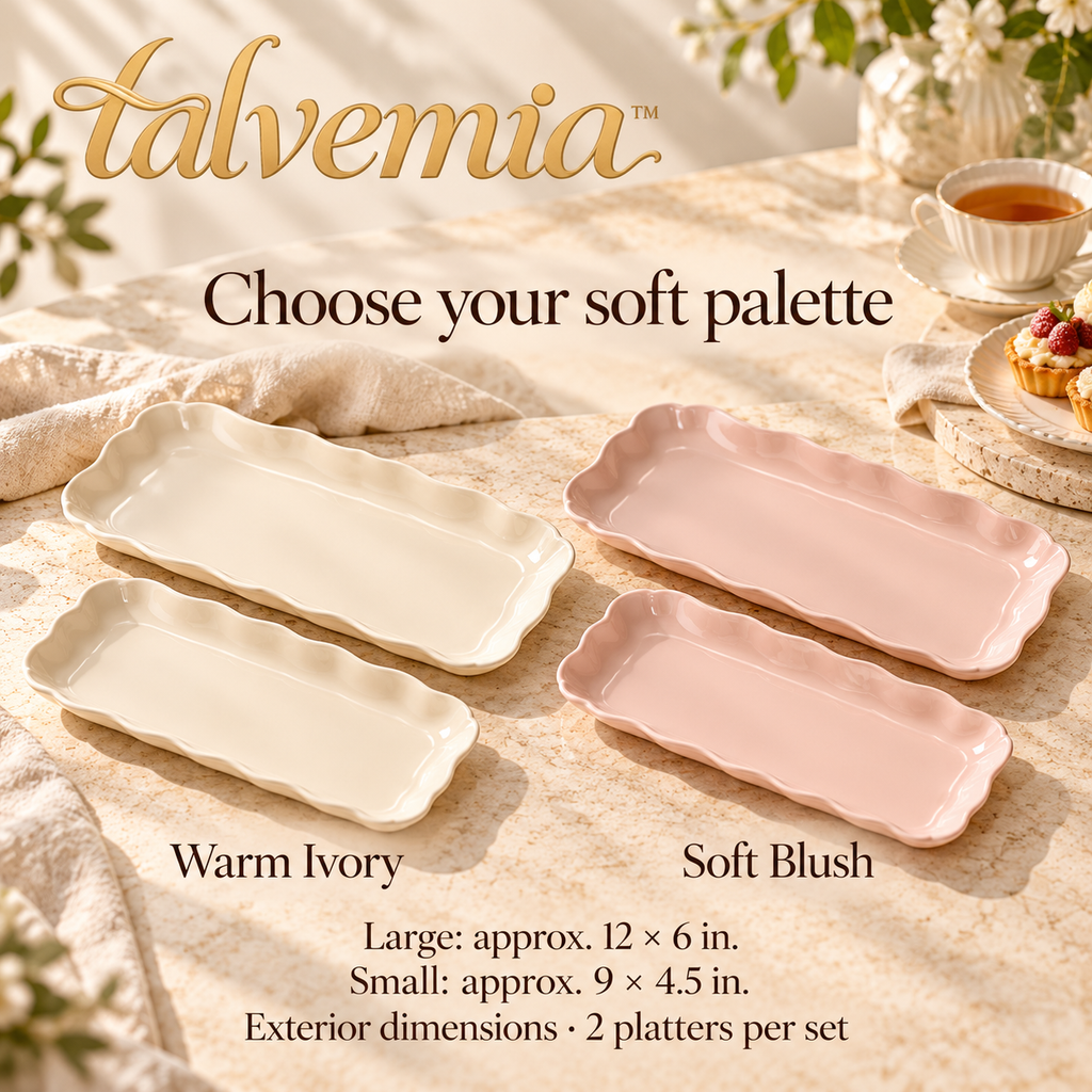 talvemia™ PetalServe Dessert Tray Set — 2 Scalloped Porcelain Serving Platters for Cookies, Brownies, Pastries & Afternoon Tea